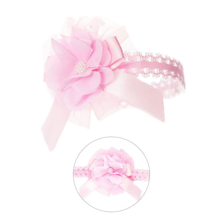 Picture of HB45-P: – 5450- LACE HEADBAND W/LACE FLOWER & BOW W/GEM PINK